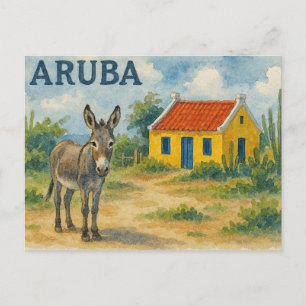Aruba Gelbes Cunucu-Haus mit Esel Aquarell Feiertagspostkarte