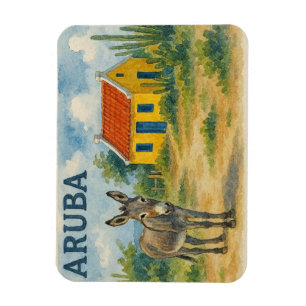 Aruba Gelbes Cunucu-Haus mit Esel Aquarell Magnet