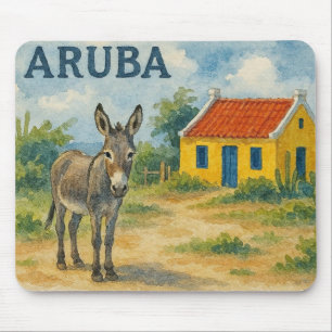 Aruba Gelbes Cunucu-Haus mit Esel Aquarell Mousepad