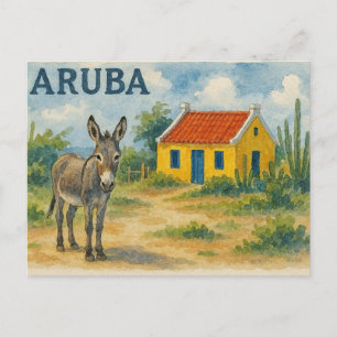 Aruba Gelbes Cunucu-Haus mit Esel Aquarell Postkarte