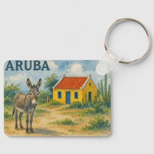 Aruba Gelbes Cunucu-Haus mit Esel Aquarell Schlüsselanhänger