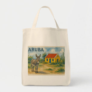 Aruba Gelbes Cunucu-Haus mit Esel Aquarell Tragetasche