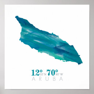 Aruba Karten Koordinaten Aqua Blau Wasserfarbe Poster