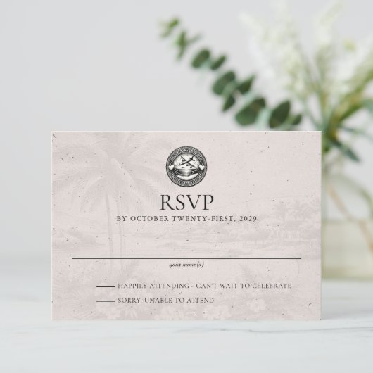 Aruba Passport Wedding RSVP Card Karte (Stehend Vorderseite)