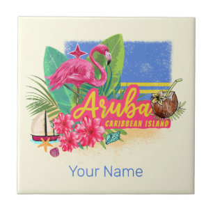 Aruba Retro Karibikinsel mit Flamingo Vintage Fliese