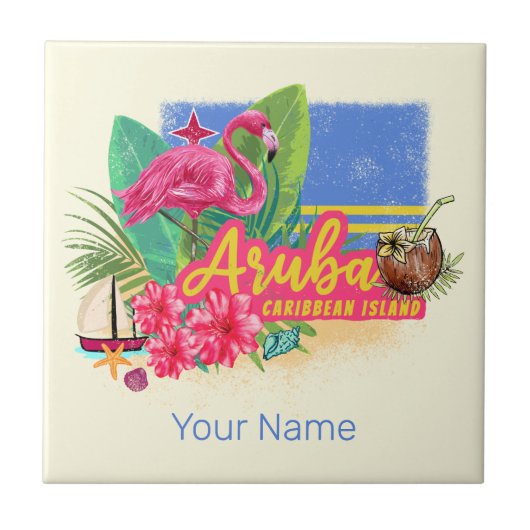 Aruba Retro Karibische Insel mit Flamingo Vintag Fliese (Vorderseite)