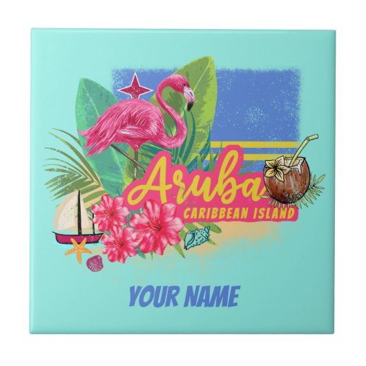 Aruba Retro Karibische Insel mit Flamingo Vintag Fliese (Vorderseite)