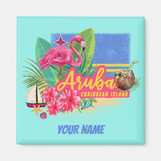Aruba Retro Karibische Insel mit Flamingo Vintag Magnet (Vorne)