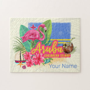 Aruba Retro Karibische Insel mit Flamingo Vintag Puzzle