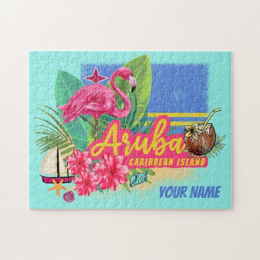 Aruba Retro Karibische Insel mit Flamingo Vintag Puzzle (Horizontal)