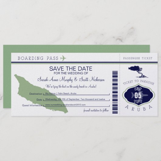 ARUBA Save the Date Boarding Pass (Vorne/Hinten)