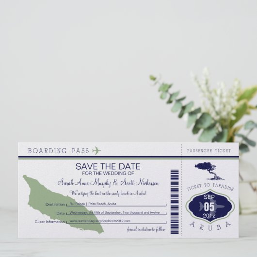ARUBA Save the Date Boarding Pass (Stehend Vorderseite)