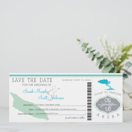 ARUBA Save the Date Boarding Pass (Stehend Vorderseite)