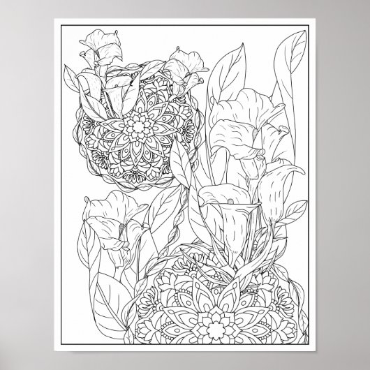 Arum Lilies und Blätter Mandala Adult Coloring Poster (Vorne)