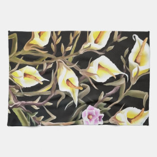 Arum Lily künstlerisches Blumendesign auf schwarz Geschirrtuch