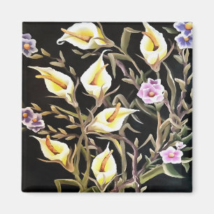 Arum Lily künstlerisches Blumendesign auf schwarz Magnet