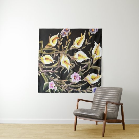 Arum Lily künstlerisches Blumendesign auf schwarz Wandteppich (Beispiel (Horizontal))