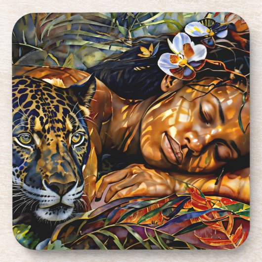 "Arumáya" Jaguars Bloom - Frauen in Amazonien Getränkeuntersetzer (Vorderseite)