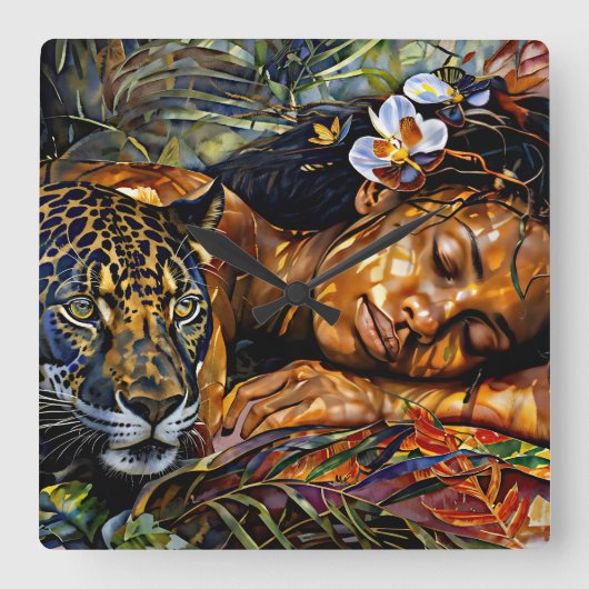 "Arumáya" Jaguars Bloom - Frauen in Amazonien Quadratische Wanduhr (Vorderseite)
