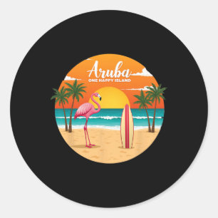 Aru's One Happy Island Flamingo Surfen Tropisches Runder Aufkleber
