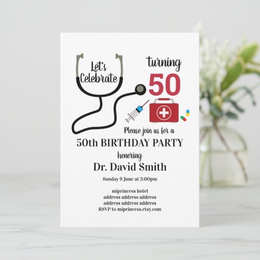 Arzt, Krankenpflege, medizinischer Geburtstag Einladung (Stehend Vorderseite)