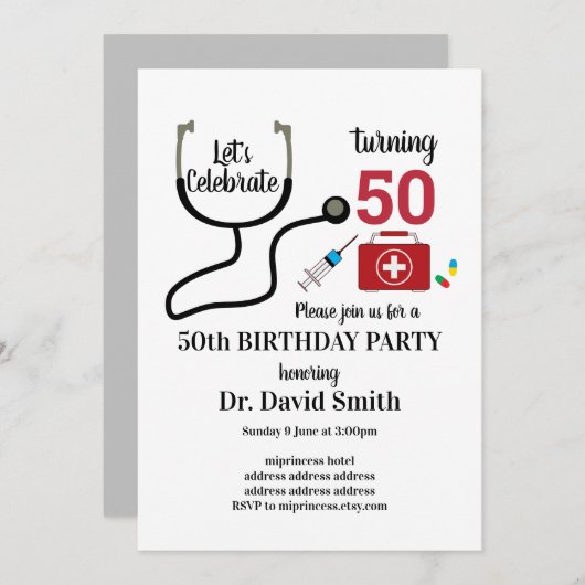 Arzt, Krankenpflege, medizinischer Geburtstag Einladung (Vorne/Hinten)