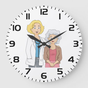Ärztin mit älterer Patientin Große Wanduhr