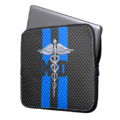 Ärztliche Ärztin MD Caduceus an blauen Streifen Laptopschutzhülle (Vorderseite Links)