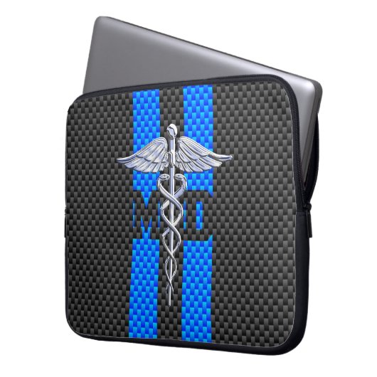 Ärztliche Ärztin MD Caduceus an blauen Streifen Laptopschutzhülle (Vorderseite Links)