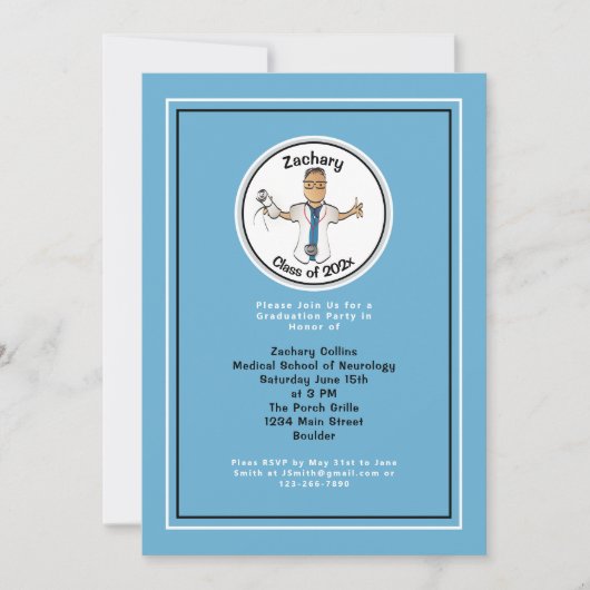 Ärztlicher Cartoon für Ihm blauen Abschluss Einladung (Vorderseite)