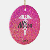 Ärztlicher Krankenpfleger Caduceus Pink Glitzer Keramik Ornament (Rechts)