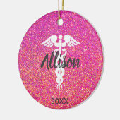 Ärztlicher Krankenpfleger Caduceus Pink Glitzer Keramik Ornament (Links)