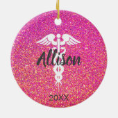 Ärztlicher Krankenpfleger Caduceus Pink Glitzer Keramik Ornament (Hinten)
