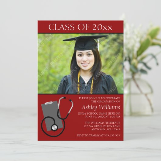 Ärztlicher Krankenpfleger Schule Rotes Foto Abschl Einladung (Stehend Vorderseite)