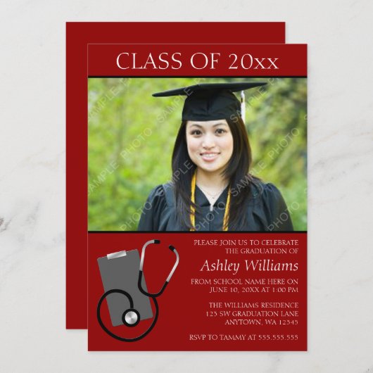 Ärztlicher Krankenpfleger Schule Rotes Foto Abschl Einladung (Vorne/Hinten)