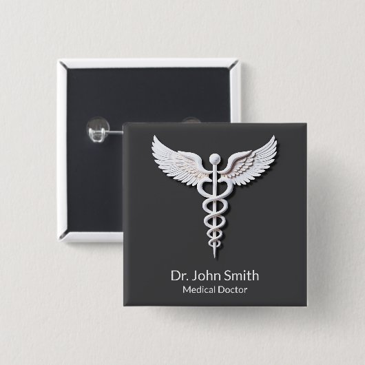 Ärztlicher weißer genauer Caduceus Anthrazit Button (Vorne & Hinten)