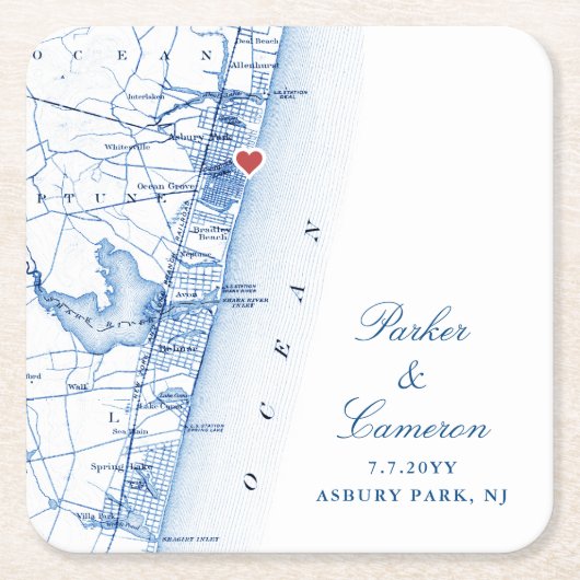 Asbury Park NJ Map Gastgeschenk Hochzeit Navy Blue Rechteckiger Pappuntersetzer (Vorderseite)