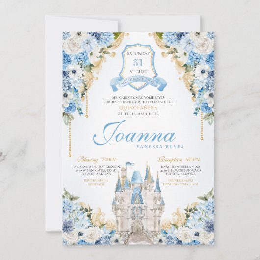 Aschenputtel Burg Blaue Quinceanera Einladung (Vorderseite)
