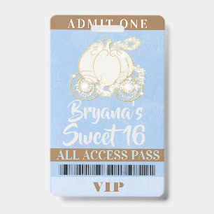 Aschenputtel-Kutsche Blau Gold Sweet 16 VIP-Pass Ausweis