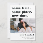 Aschfarben | Modernes Hochzeitspause - Foto Save The Date<br><div class="desc">Müssen Sie Ihre Hochzeit verschieben oder verschieben? Lass den Gästen mit diesen modernen, lichtdurchfluteten, weißen Karten, die reich an cremefarbenen Schriftzeichen sind. Das Design auf der Basis von Typografie ist einfach und witzig und bietet "zur gleichen Zeit, am gleichen Ort, am neuen Datum" oben mit Ihrem neuen Hochzeitstermin und den...</div>