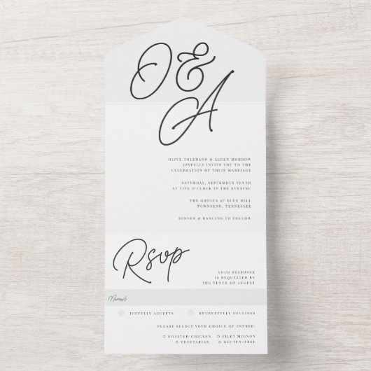 Aschfarben | Script Watermark Monogram Wedding All In One Einladung (Innen Boden)