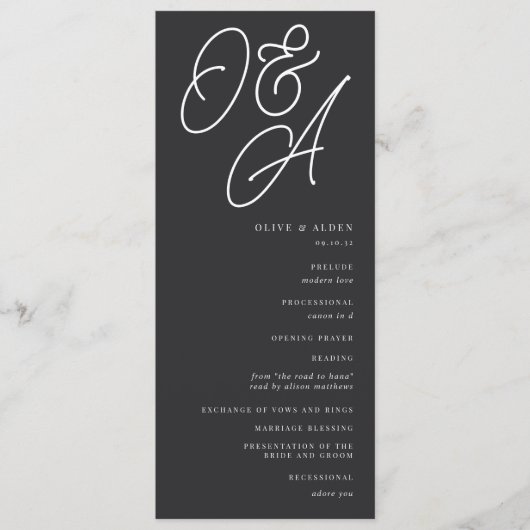 Aschfarben | Script Watermark Monogram Wedding Programm (Vorderseite)