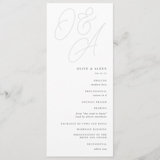 Aschfarben | Script Watermark Monogram Wedding Programm (Vorderseite)
