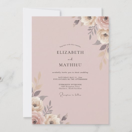 Aschrosa Blütenhochzeit Einladung (Vorderseite)