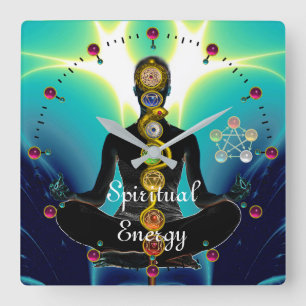 ASCLEPIUS-7-SCHAKRAS, YOGA LOTUS-POSE Blau Quadratische Wanduhr