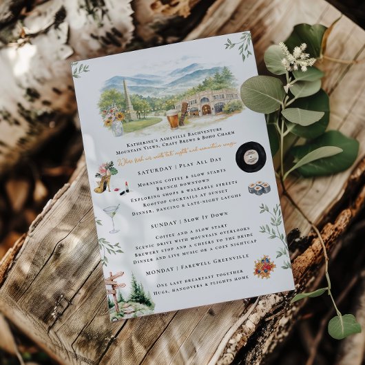 Asheville NC Bachelorette Weekend Itinerary Einladung