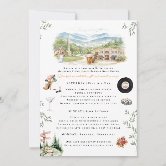 Asheville NC Bachelorette Weekend Itinerary Einladung (Vorderseite)