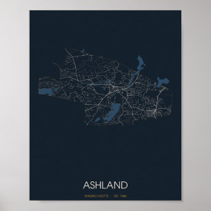 Ashland Massachusetts Straßenkarte Poster (Nacht)