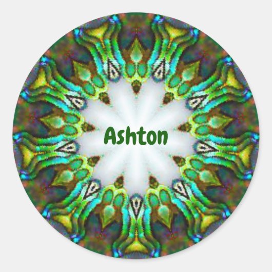ASHTON ~ Personalisiert Paua Muschel Fraktal ~ Kla Runder Aufkleber (Vorderseite)