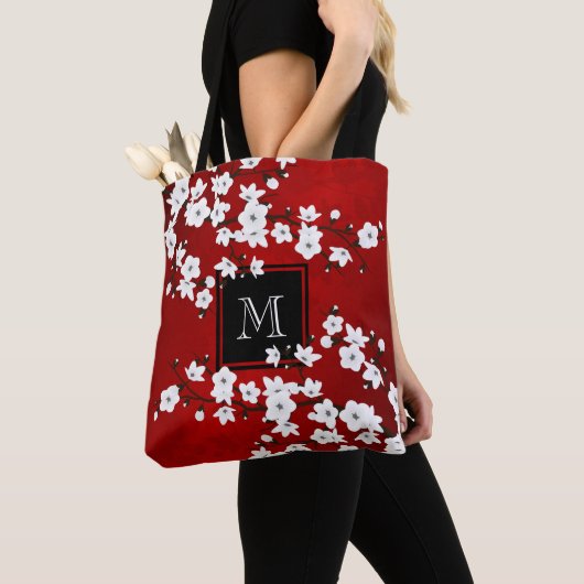 Asia Floral Red White Cherry Blossom Monogramm Tasche (Von Nahem)